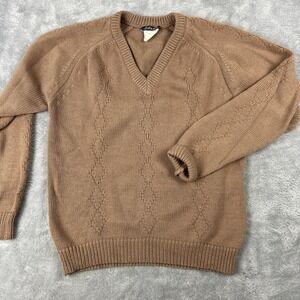 Vtg Eileen V-neck Sweater Camel Medium Textured Preppy Argyle Tennis